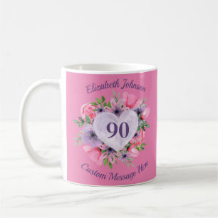 Pink Floral 90th Birthday Mug for Women
