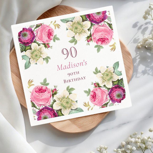 Pink Floral 90th Birthday  Napkin (Creator Uploaded)