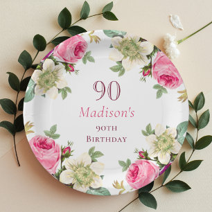 Pink Floral 90th Birthday Paper Plate