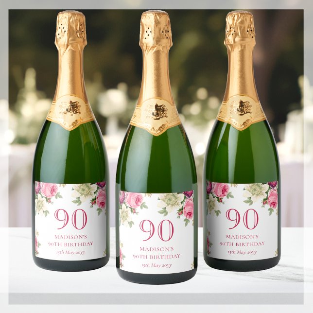 Pink Floral 90th Birthday Party Sparkling Wine Label (Creator Uploaded)