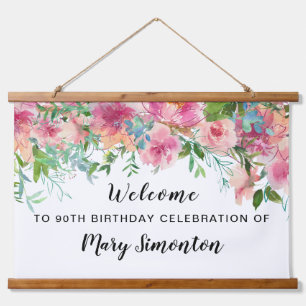 Pink Floral 90th Birthday Party Welcome Banner Hanging Tapestry