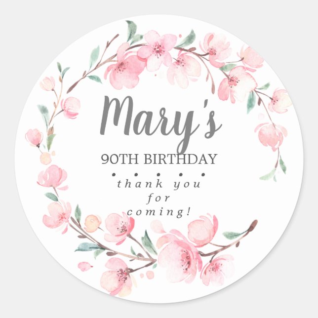 Pink Floral 90th Birthday Thank You Classic Round Sticker (Front)