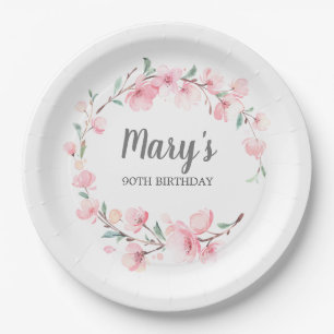Pink Floral 90th Birthday Thank You Paper Plate