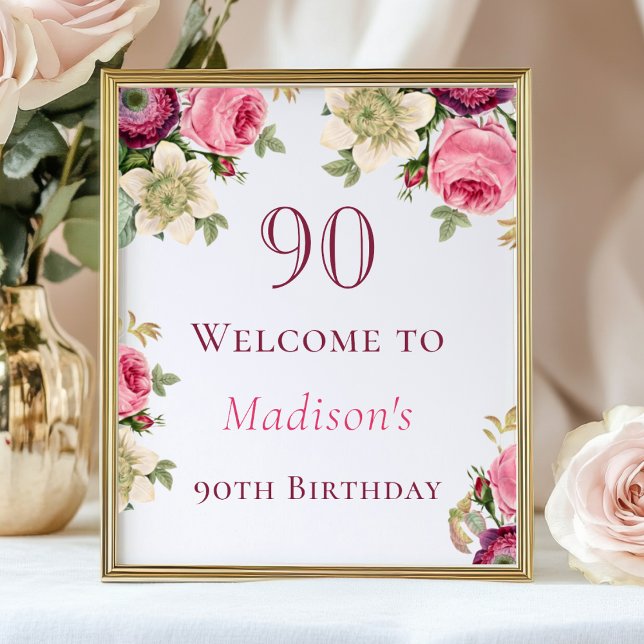 Pink Floral 90th Birthday Welcome Sign (Creator Uploaded)