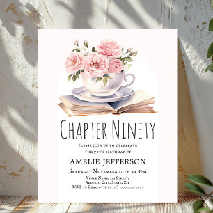 Pink Floral 90th Book Theme Birthday Invitation