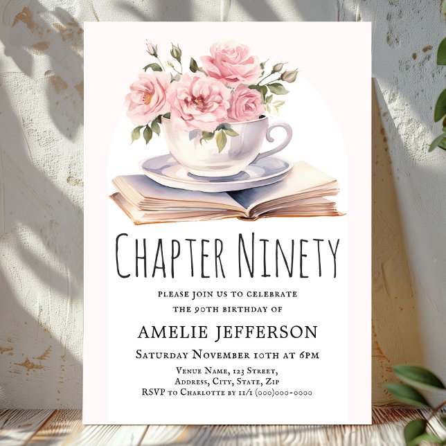 Pink Floral 90th Book Theme Birthday  Invitation (Creator Uploaded)
