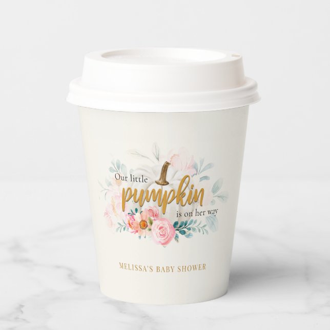 Pink Floral A Little Pumpkin Girl Baby Shower Paper Cups (Front)