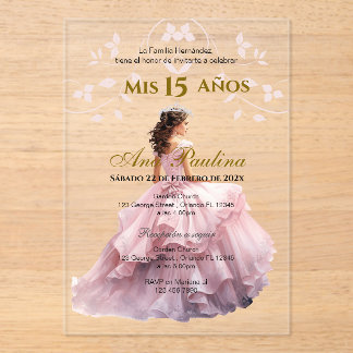Pink Floral Acrylic Quinceañera Spanish Invitation