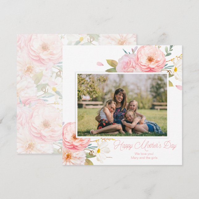 Pink Floral Add Photo Mother's Day Card (Front/Back)
