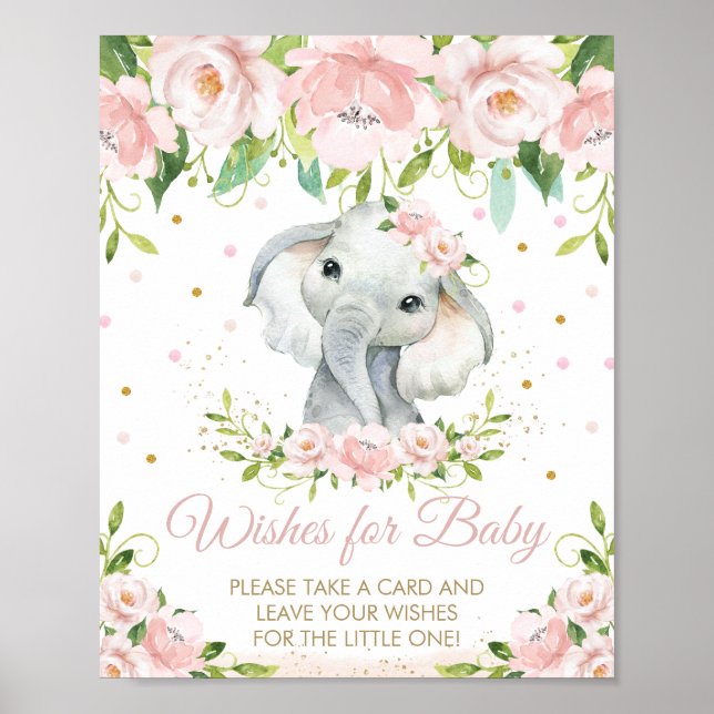 Pink Floral Adorable Elephant Wishes for Baby Sign (Front)