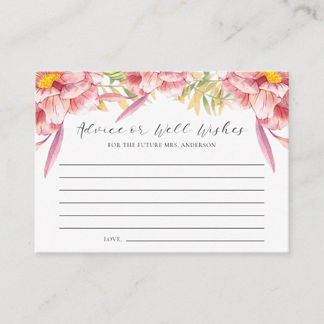 Pink Floral Advise or Well Wishes Bridal Shower Advice Card (Front)