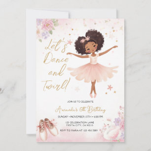 Pink Floral African America Ballerina Birthday Invitation
