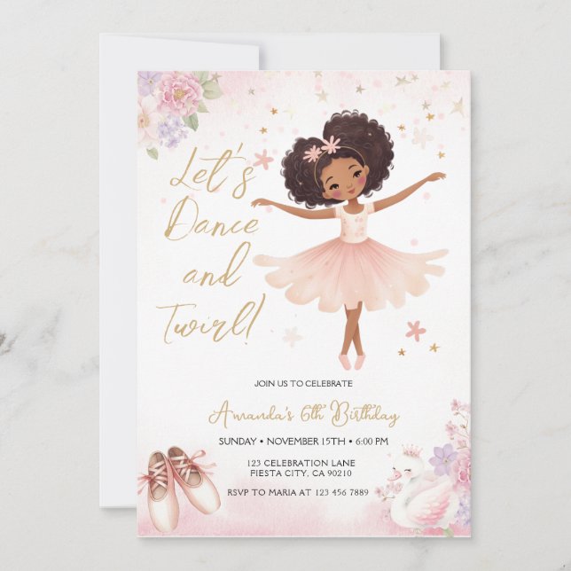 Pink Floral African America Ballerina Birthday Invitation (Front)