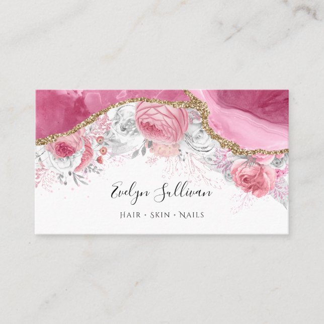 pink floral agate business card (Front)