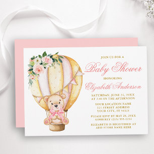 Pink Floral Air Balloon Teddy Bear Baby Shower Invitation