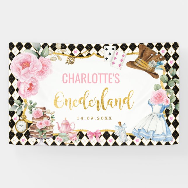 Pink Floral Alice in Onederland 1st Birthday Banner (Horizontal)