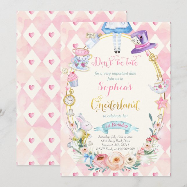 Pink Floral Alice In ONEderland Birthday Tea Party Invitation (Front/Back)