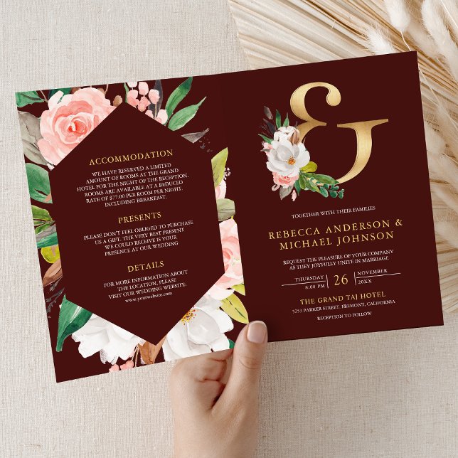 Pink Floral Ampersand Burgundy QR Code Wedding Invitation (Creator Uploaded)