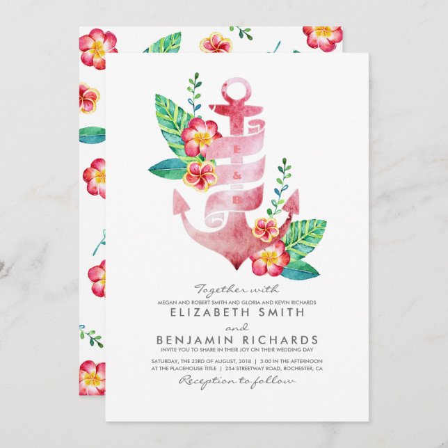 Pink Floral Anchor | Nautical | Beach Wedding Invitation (Front/Back)