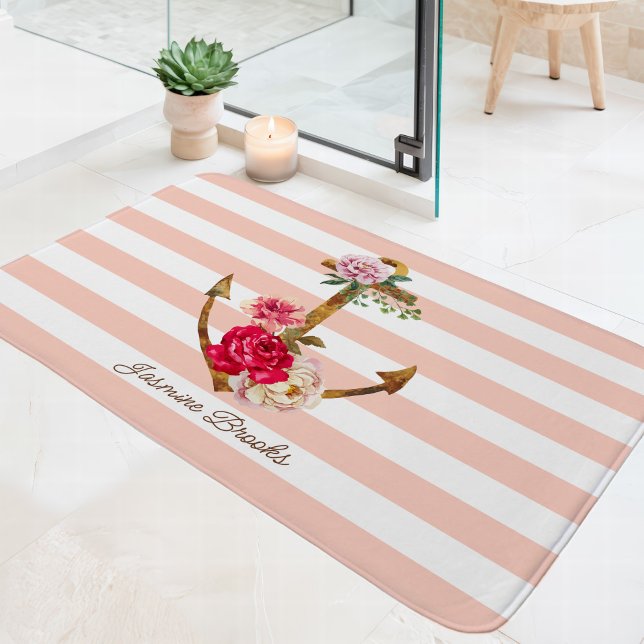 Pink Floral Anchor Nautical Stripes Custom Name Bath Mat (Creator Uploaded)