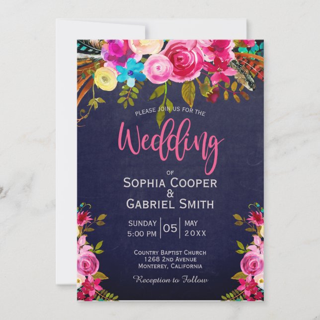 Pink Floral and Blue Typography Wedding Invitation (Front)