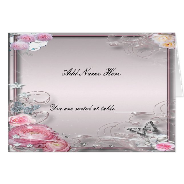 Pink Floral And Butterfly Folded Table Place Card (Front Horizontal)