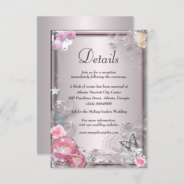 Pink Floral And Butterfly Wedding Details Enclosure Card (Front/Back)