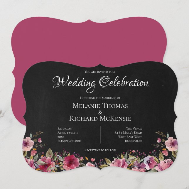 Pink Floral and Chalkboard Wedding Invitation (Front/Back)