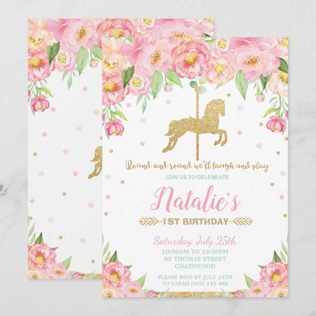 Pink Floral and Gold Carousel 1st Birthday Girl Invitation (Front/Back)
