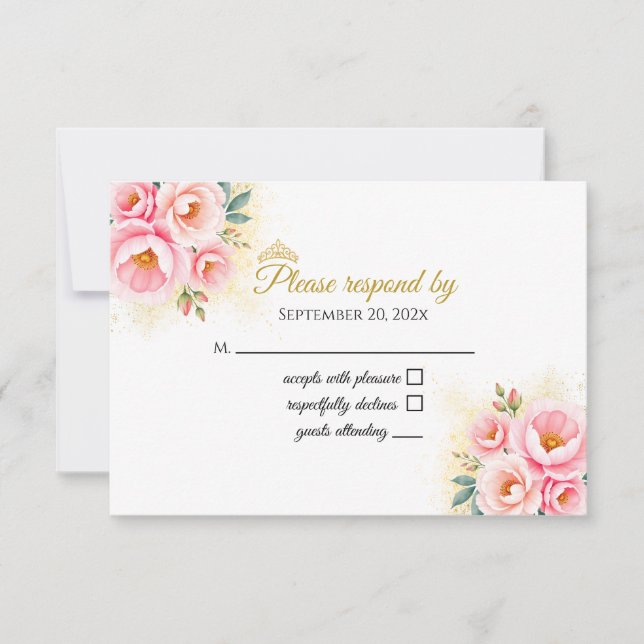Pink Floral and Gold Quinceańera RSVP card (Front)