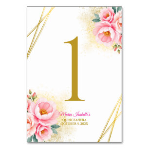Pink Floral and Gold Quinceańera Table Number