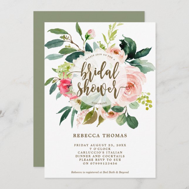 pink floral and greenery bridal shower invitation (Front/Back)