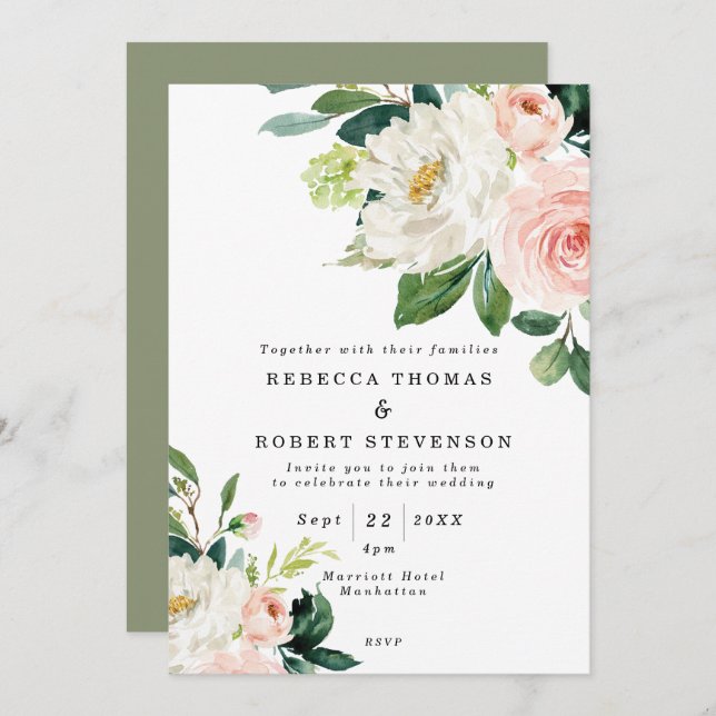 pink floral and greenery rustic boho wedding invitation (Front/Back)