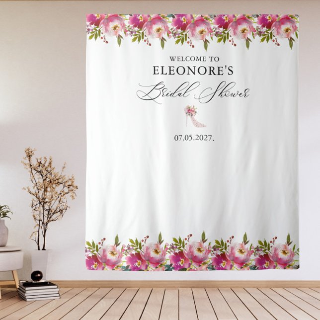 Pink Floral and High Heels Bridal Shower Welcome  Tapestry (Creator Uploaded)