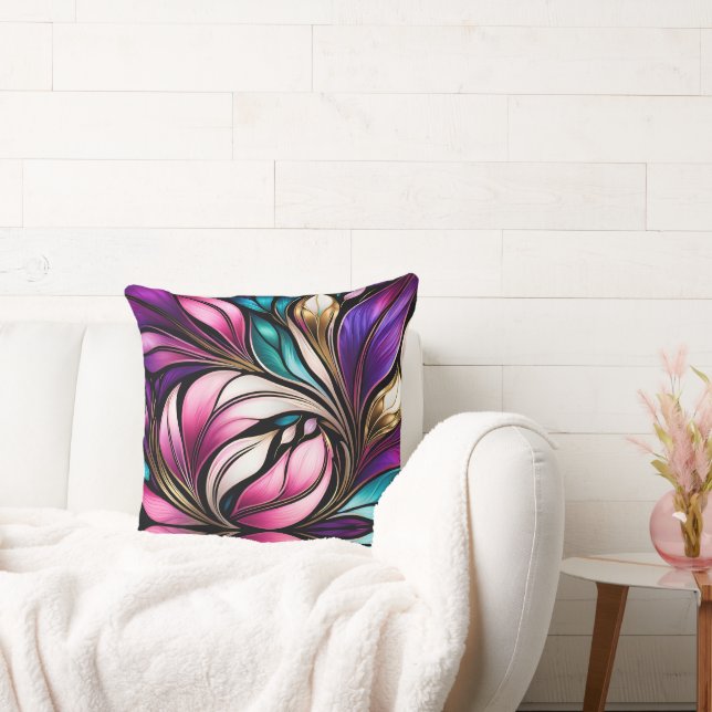 Pink Floral and leaves Stained Glass Look Cushion (Couch)