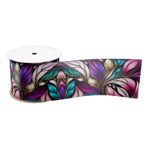 Pink Floral and leaves Stained Glass Look Satin Ribbon