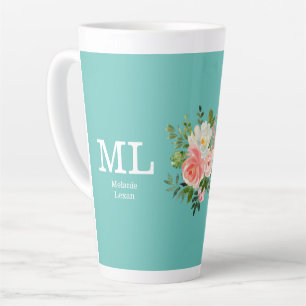 Pink Floral and Teal Monogram    Latte Mug