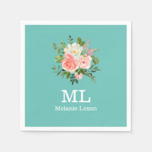 Pink Floral and Teal Monogram  Napkin