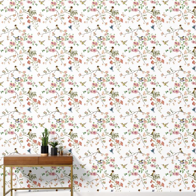 Pink Floral and White Background With Hummingbirds Wallpaper (Hallway)