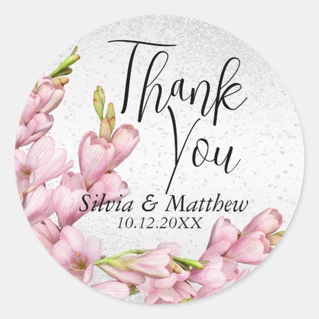 Pink Floral and White Glitter - Thank You  Classic Round Sticker (Front)
