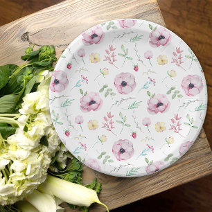 Pink Floral Anemone Bridal Shower Paper Plate