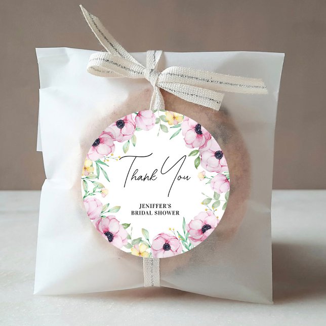 Pink Floral Anemone Bridal Shower Thank You Classic Round Sticker (Creator Uploaded)