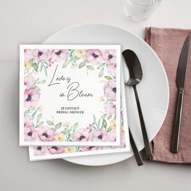 Pink Floral Anemone Love is in Bloom Bridal Shower Napkin (Creator Uploaded)
