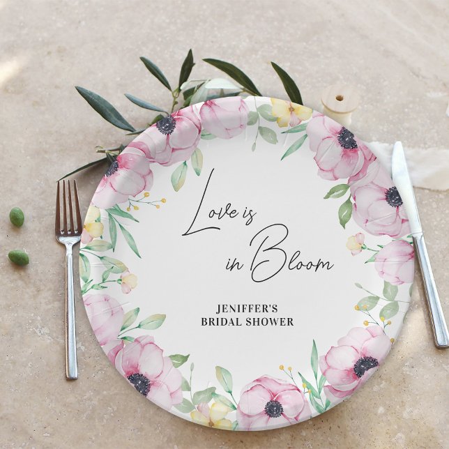 Pink Floral Anemone Love is in Bloom Bridal Shower Paper Plate (Creator Uploaded)