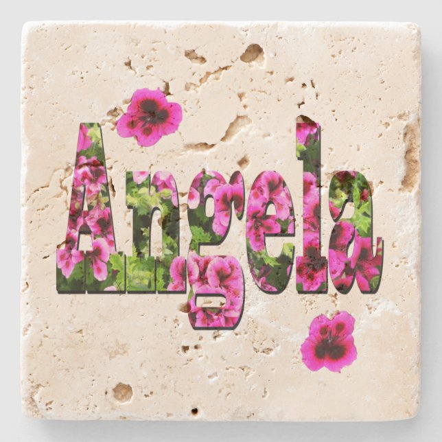 Pink Floral Angela Name Logo,   Stone Coaster (Front)