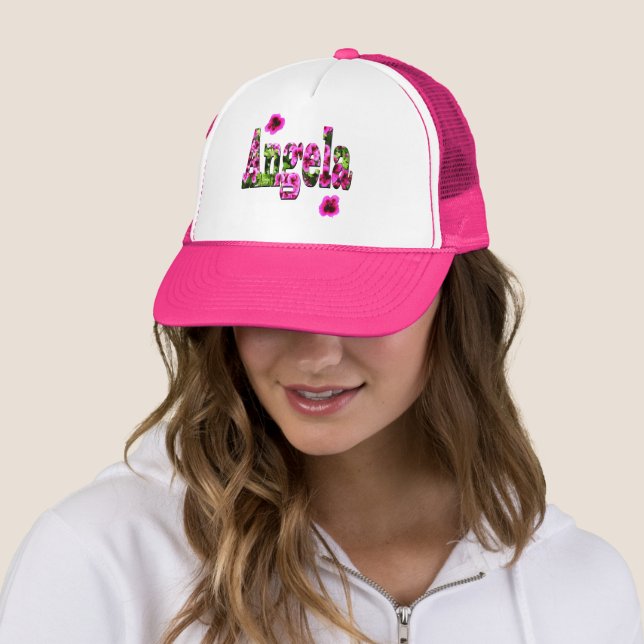 Pink Floral Angela Name Logo,   Trucker Hat (In Situ)