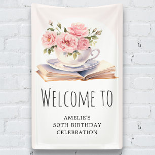 Pink Floral Any Age Book Theme Birthday Welcome Banner