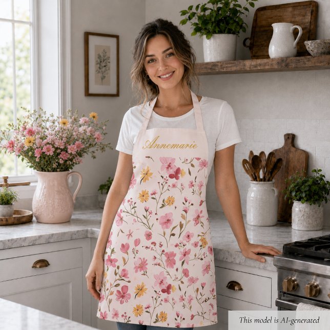 Pink Floral Apron (sweet girly elegant pink floral wildflower apron with custom monogram name in script calligraphy)