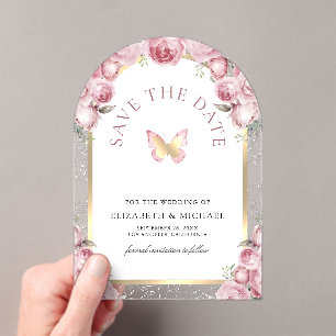 Pink Floral Arch Butterfly Wedding Save the Date Acrylic Invitations