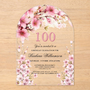 Pink Floral Arch Elegance 100th Birthday Party Acrylic Invitations